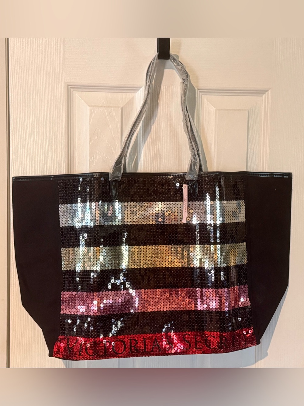 NWT Victoria's Secret 2017 Ed Black Tote w/ Sequin Stripes AND Matching Wristlet